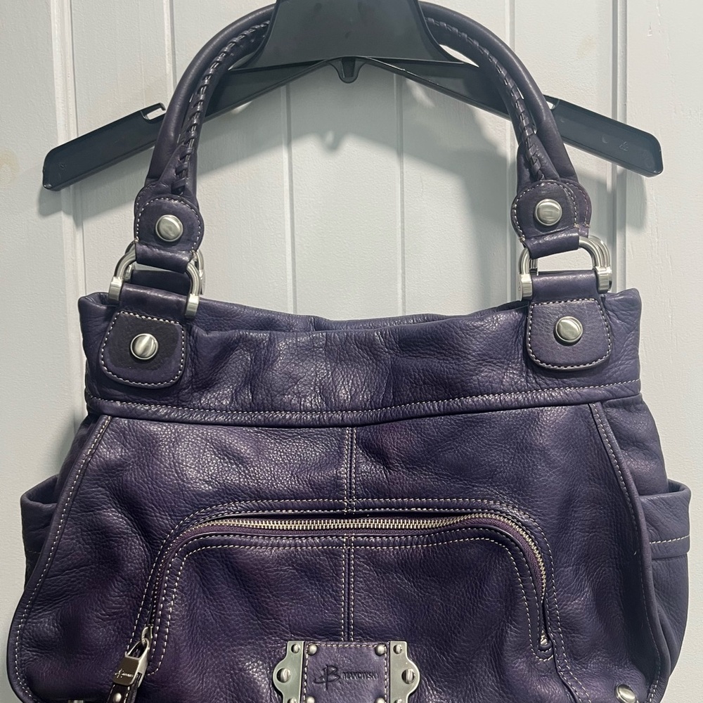 B. Makowsky Purple Leather Shoulder Bag with Metal Accents